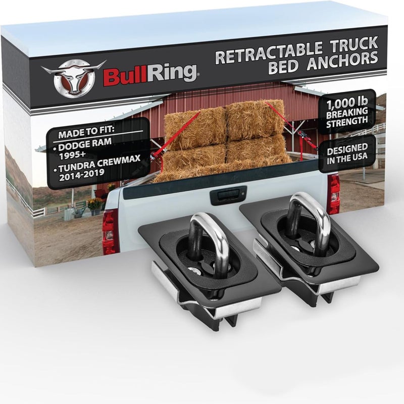 Bull Ring Retractable Flush Fit Truck Bed Tie Down Anchors, Built for 1995+ Dodge Ram & 2014-2019 Tundra Crew Max, Rail Cap Trim Required to Install, 1,000lbs. Rated Capacity (1 Pair) - Image 1